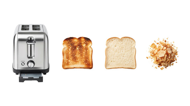 Stainless steel toaster with bread slices and crumbs high quality 4K PNG image on white bg, appliance high quality 4K PNG image on white