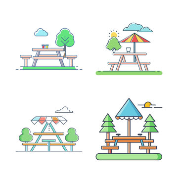 Four picnic tables with colorful umbrellas in a park - Bright and cheerful vector illustration of picnic setups with green, blue, and red umbrellas in a simple park setting.