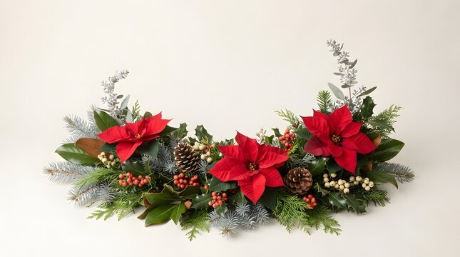 Christmas botanical arrangement with red poinsettia flowers and pine cones on white background