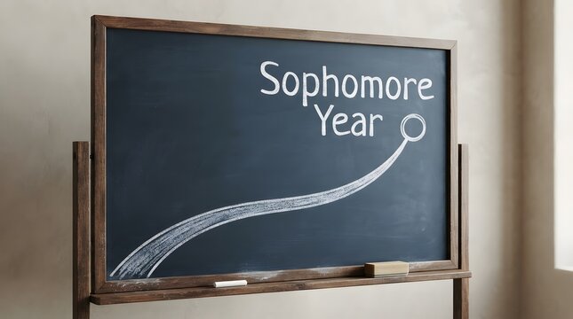 Sophomore Year written on a chalkboard with a rising growth trend arrow graphic
