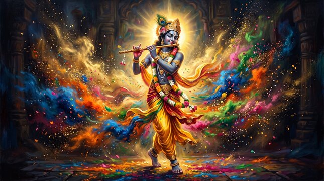 Vibrant lord krishna playing flute with colorful powder and glitter