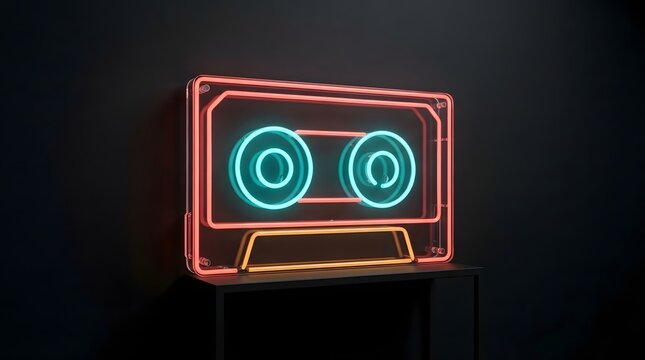 Neon cassette tape sign glowing on dark wall, retro music concept art for interior decor.