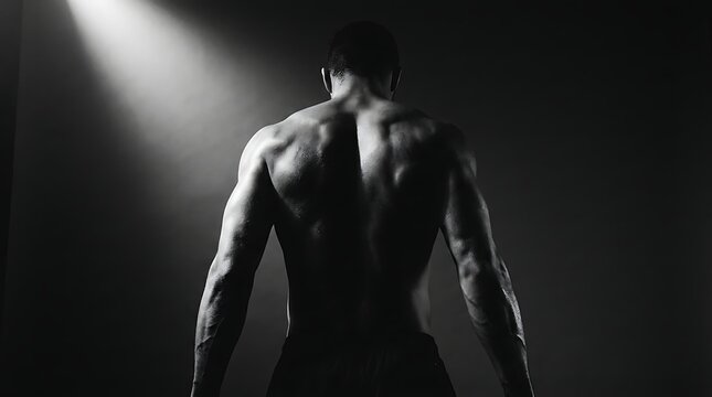 Shirtless athletic man flexing biceps in dramatic low key black and white lighting for fitness motivation
