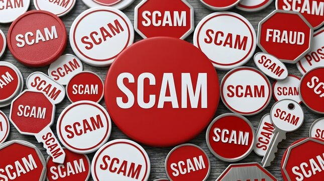 Scam warning signs displayed on round red plastic tokens and metallic key shaped caution labels