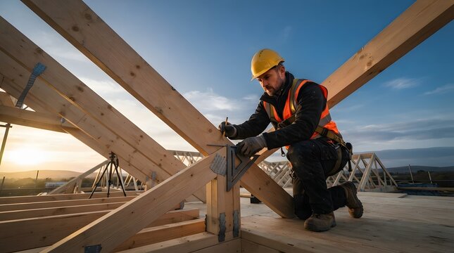 Carpenter measuring timber roof frame on construction site at sunset