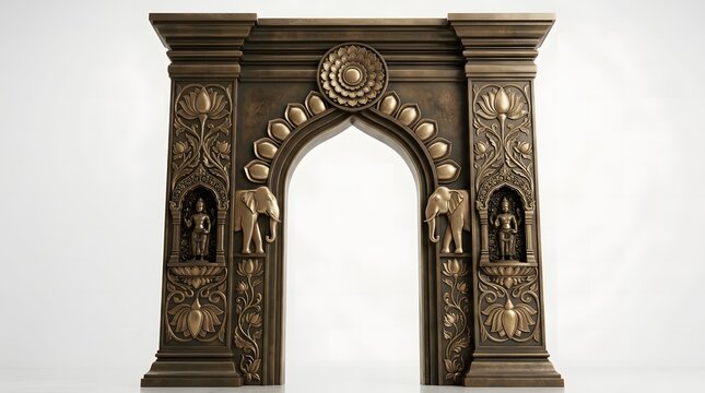 Ornate bronze ceremonial archway with traditional Indian elephant and deity carvings.