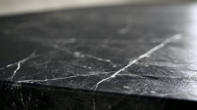 Close up of dark stone surface with white veining and smooth matte finish under soft lighting