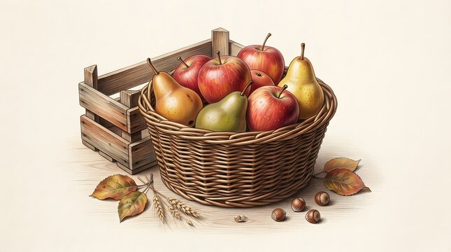 Wicker basket filled with fresh autumn apples and pears near a wooden crate
