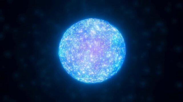 Luminous blue orb pulsing with rising inner brightness against deep navy background, centered frontal view with soft halo bloom, cyan rim light, granular starfield texture, abstract cosmic glow