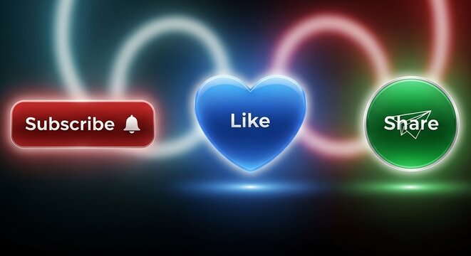 Social media engagement buttons with subscribe like and share icons glowing on dark blurred background