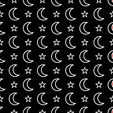 Black seamelss pattern with linear stars and moon