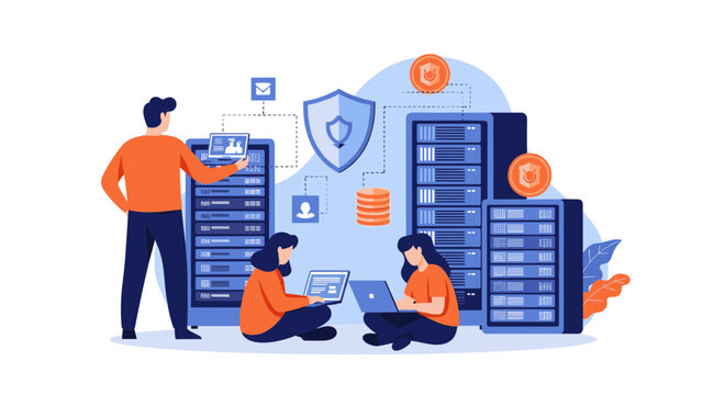 Information technology experts working inside a secure server database room with glowing cyber security shield icon.