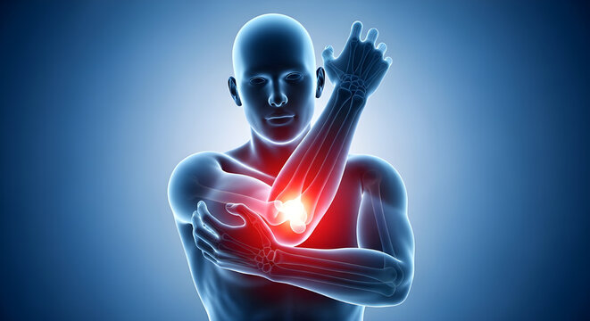 Human elbow joint pain highlighted in red showing internal anatomy and skeletal structure with blue background