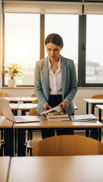 Professional Female Teacher Organizing Books in a Bright Classroom