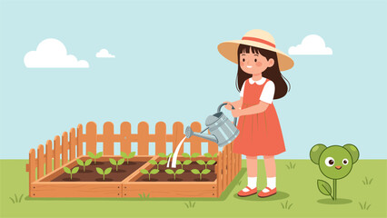 Fototapeta premium Happy young girl in an orange dress watering fresh green vegetable sprouts in her backyard wooden garden bed.