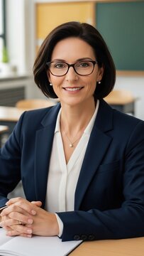 Confident Professional Woman Teacher in Modern Classroom