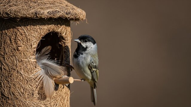 Coal Tit bird perched on a natural straw nesting house