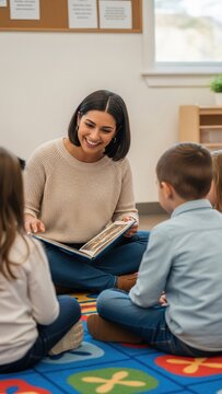 Smiling female teacher reading a book to young children in a preschool classroom