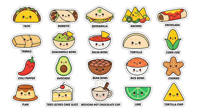 Cute kawaii style mexican food icons set including tacos burritos and salsas