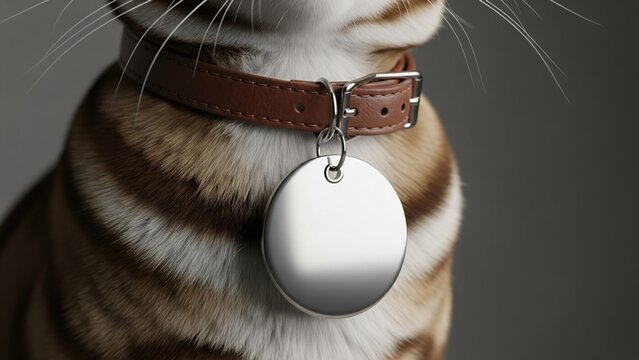 Close up shot of a tabby cat wearing a brown leather collar with a blank silver metal ID tag