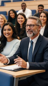 Professional mature businessman teaching diverse students in university lecture hall