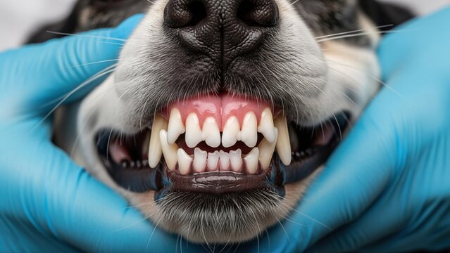 Veterinary checkup of dog teeth showing healthy gums and white fangs