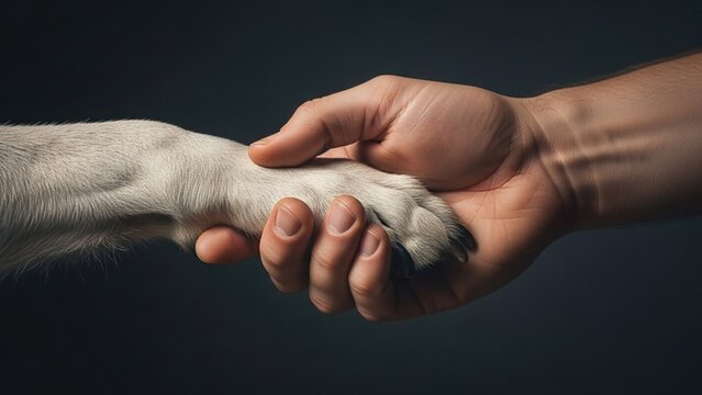 Human hand shaking a dog paw on a dark background