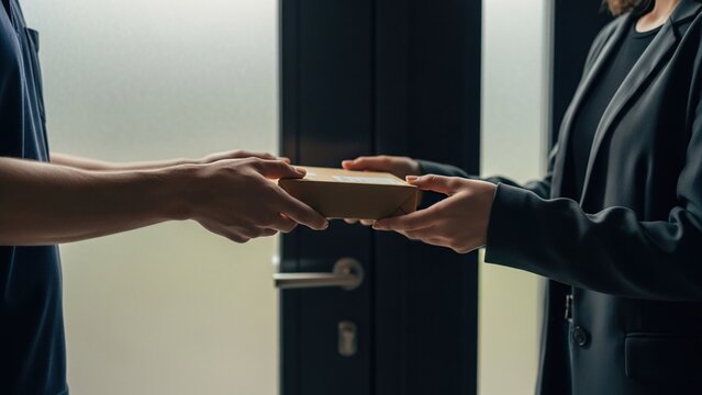 Delivery courier handing a parcel package to a female customer at front door