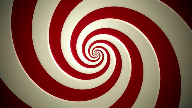 Hypnotic red and white spiral graphic motion background seamless loop rotating abstract pattern animation featuring classic candy cane texture for visual design.