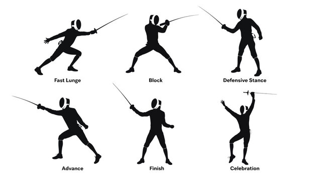 Fencing sport silhouettes showing various techniques and poses