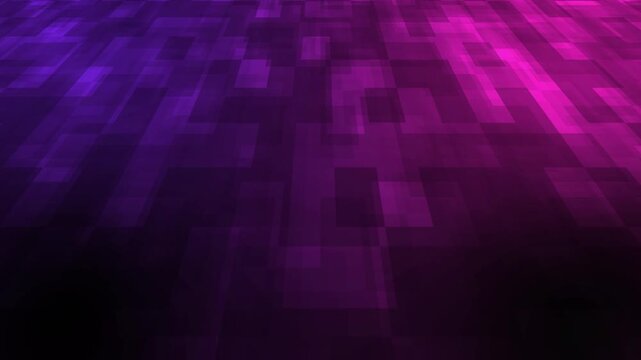 Futuristic neon digital grid with glowing purple and magenta pixels moving in a seamless loop for tech backdrops.