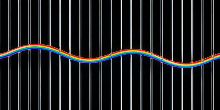 Abstract Colorful Rainbow Sine Wave Flowing Through Vertical Glass Tubes on Dark Black Background for Science, Technology, and Audio Frequency Concepts.