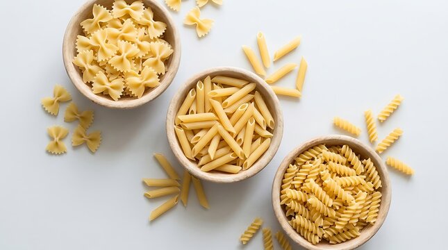 Dried penne pasta in wooden bowls on white background for food styling and recipes