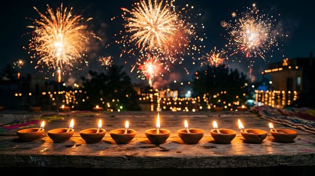 Diwali festival celebration with traditional clay oil lamps and fireworks in the night sky
