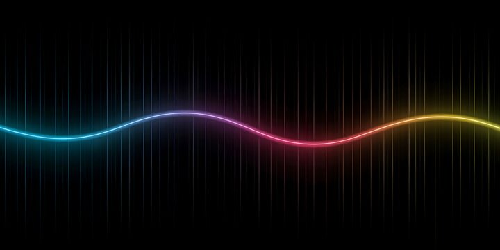 Vibrant glowing audio wave digital equalizer background with electric cyan pink and yellow neon light beams on a sleek modern black tech grid for music projects.
