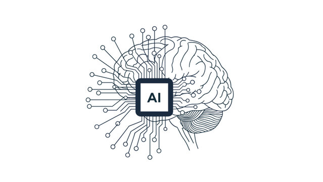 Minimal vector outline of a human brain integrated with a computer microchip representing artificial intelligence.