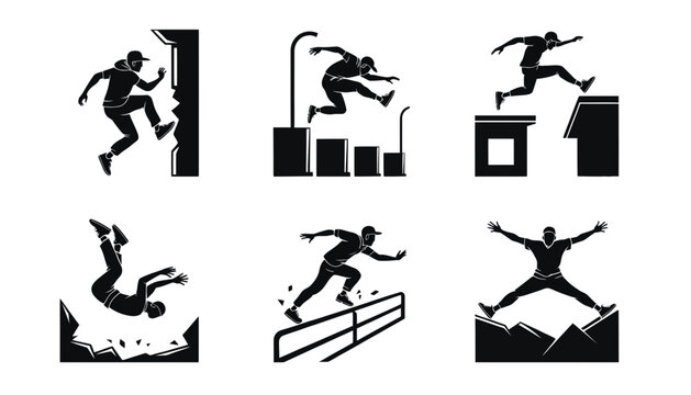 Parkour Athlete Silhouettes Set Performing Dynamic Urban Stunts