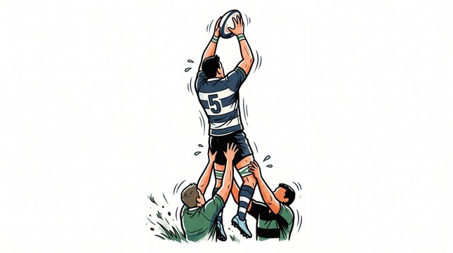 Rugby players lifting teammate to catch ball vector illustration design for sports marketing background and isolated emblem logo graphic concept