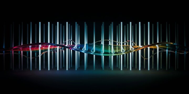 Vibrant abstract 3D digital graphic featuring glowing vertical light pillars and dynamic liquid waves in colorful neon tones, perfect for modern tech and music design.