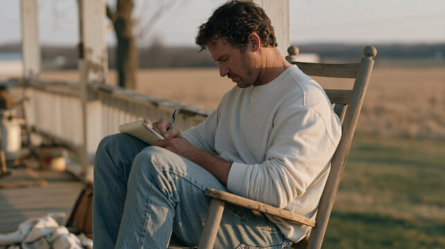 Divorced screenwriter sits alone on a weathered porch in a quiet rural field, scribbling dialogue notes for a holiday film script about split custody, capturing a raw candid