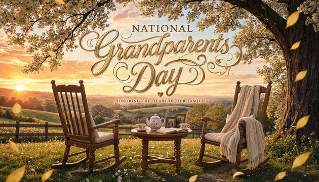 National grandparents day greeting card design with rocking chairs and tea table at sunset