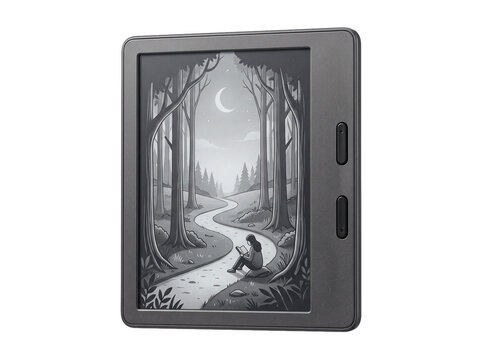 Ebook reader device displaying illustration of a person reading in a magical night forest under the crescent moon, stylized grayscale graphic art design, isolated on a solid black background, tablets.