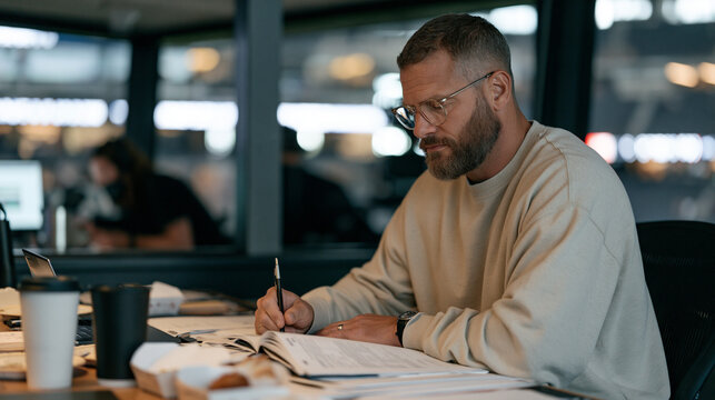 Sports commentator sits alone in a luxury broadcast booth rehearsing Thanksgiving game recap notes surrounded by cold takeout containers and scattered stat sheets, a single