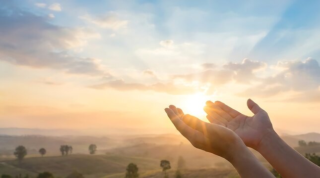 Two hands raised towards the bright sun at sunrise for hope and spiritual connection.