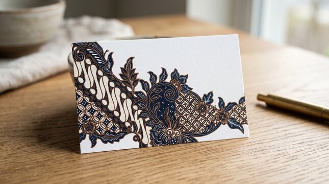 Blank Business Card Mockup with Traditional Indonesian Batik Floral Pattern Corner Decoration
