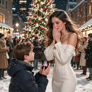 Romantic Christmas Marriage Proposal Under Festive Tree