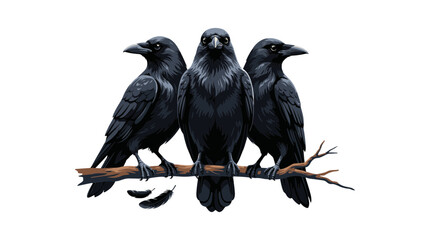 Fototapeta premium Three Black Ravens Perched on a Tree Branch Vector Illustration Set with Falling Feathers for Gothic Designs, Dark Mystery Themes, and Spooky Halloween Graphic Accents