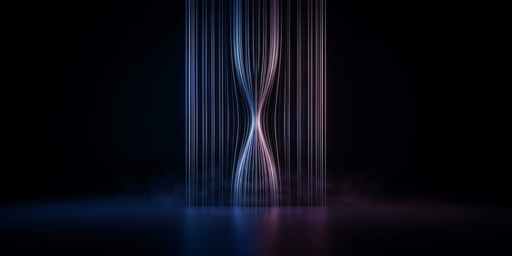 Stunning neon glowing vertical parallel strings creating hour glass portal shape in dark atmospheric studio with purple blue rim lighting for technology display.