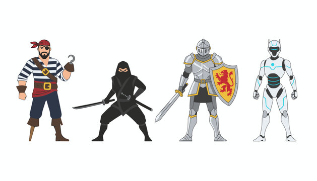 Diverse warrior characters including a pirate, ninja, medieval knight, and futuristic robot standing on a white background.