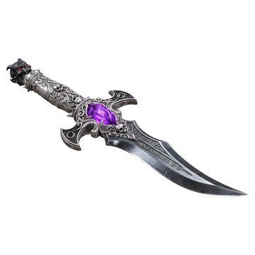 Fantasy dagger with purple crystal and skull ornaments 3d render transparent background isolated clipart